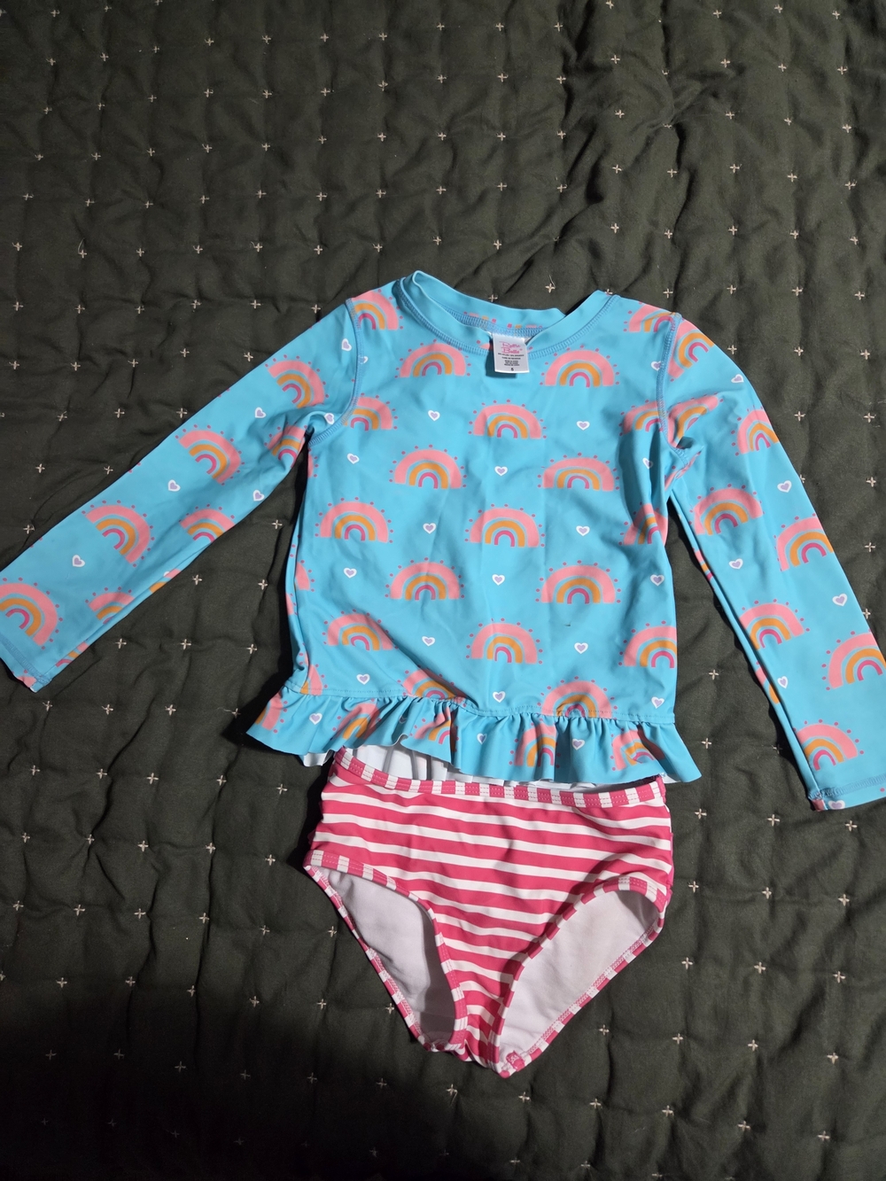 Children's Ruffle Butt Blue Rainbow Long-Sleeve Rash Guard Swim Set - Kids Swim
